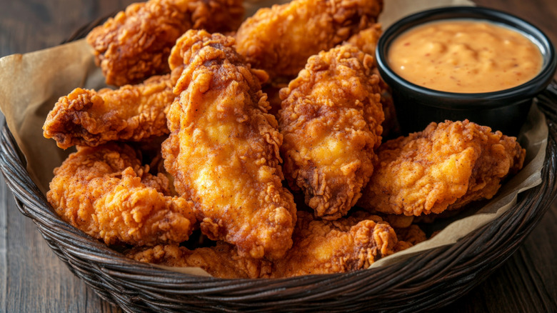 a basket of chicken tenders with dipping sauce