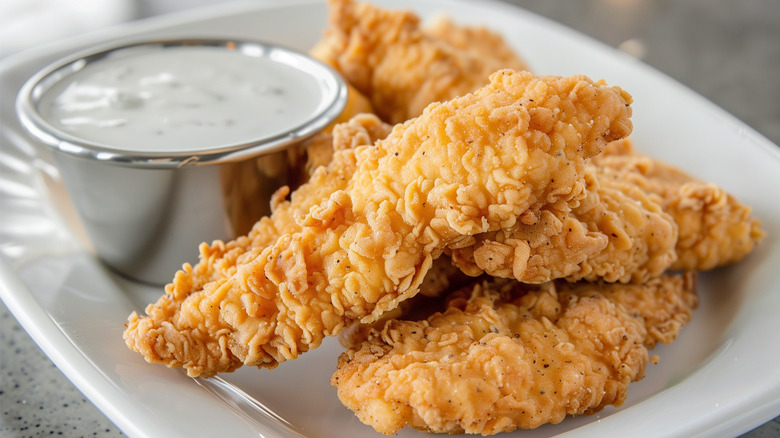 A plate of chicken tenders next to a ramekin of ranch dressing