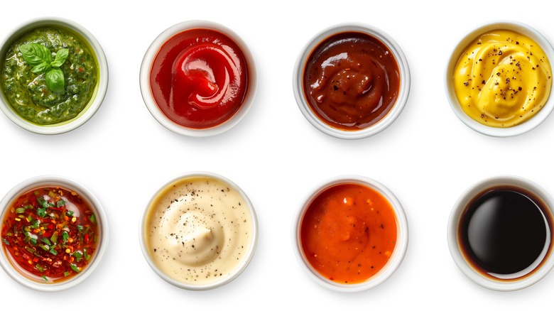 An assortment of eight different sauce in two rows.