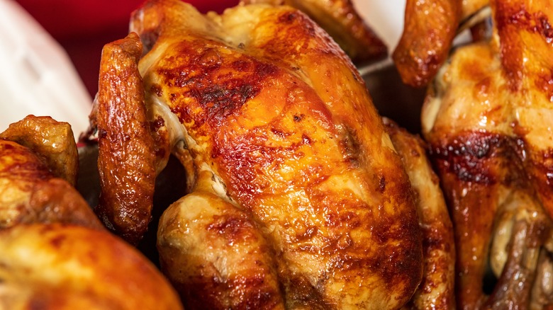 close up of whole rotisserie chicken