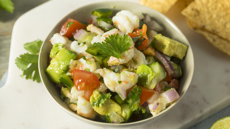 Shrimp ceviche in a bowl with vegetables