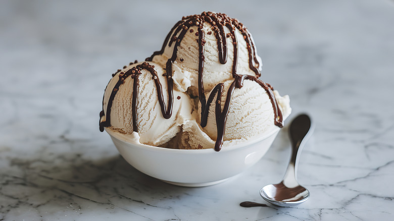 ice cream in bowl topped with chocolate sauce