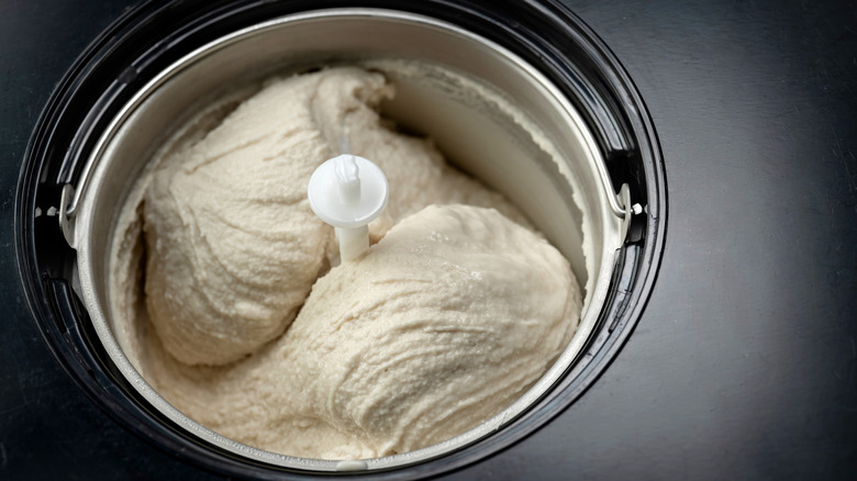 overhead shot of ice cream in machine