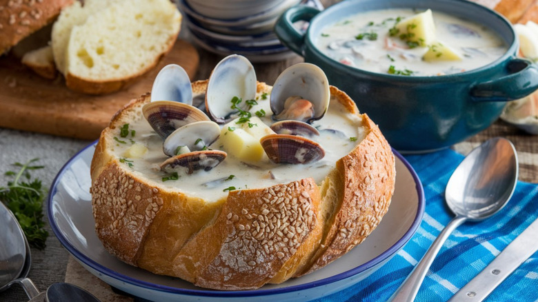 Clam chowder with fresh clams in a bread bowl