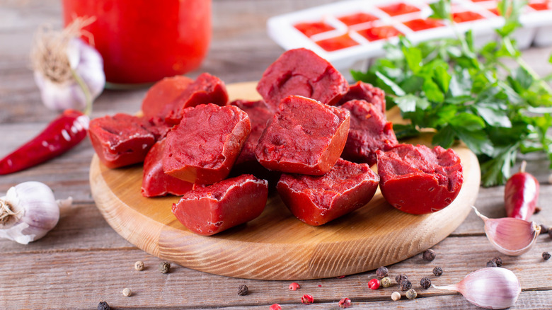 pieces of frozen homemade tomato product on a wooden cutting board