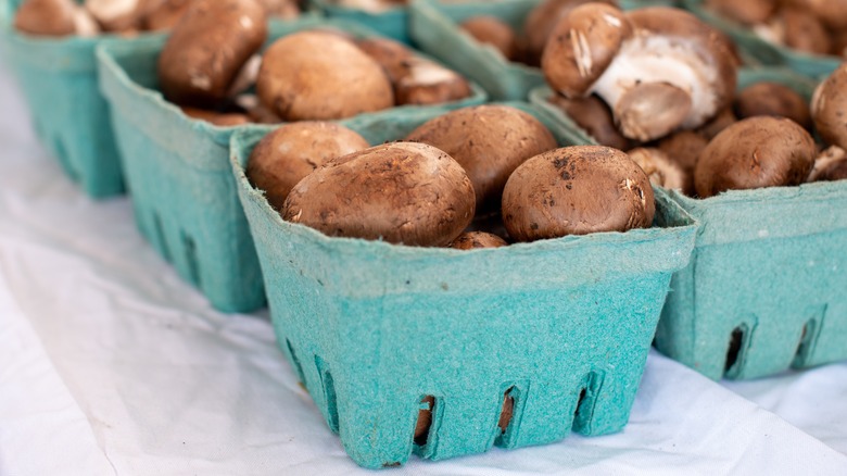 whole mushrooms in blue-green containers