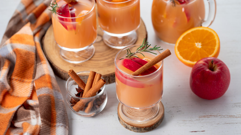 Warm cups of apple cider with cinnamon sticks and fruit