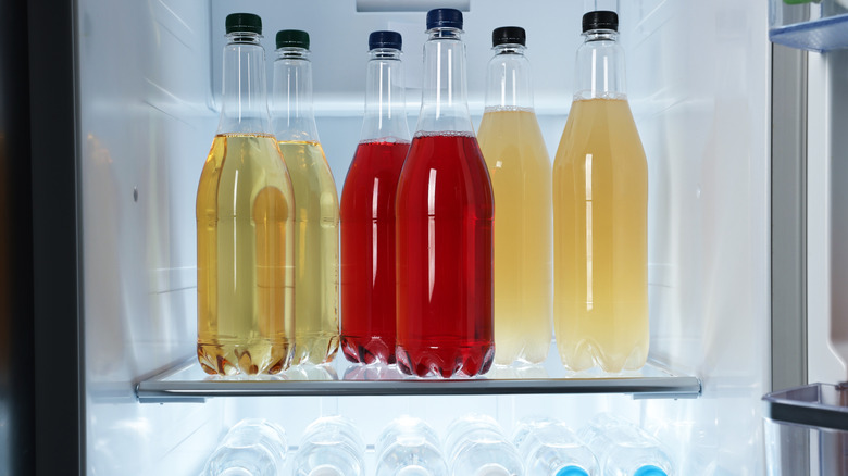 Six different amber beverages in bottles inside a fridge