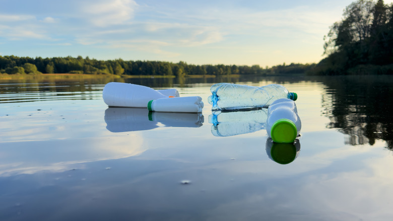 Empty plastic bottlles in a body of water