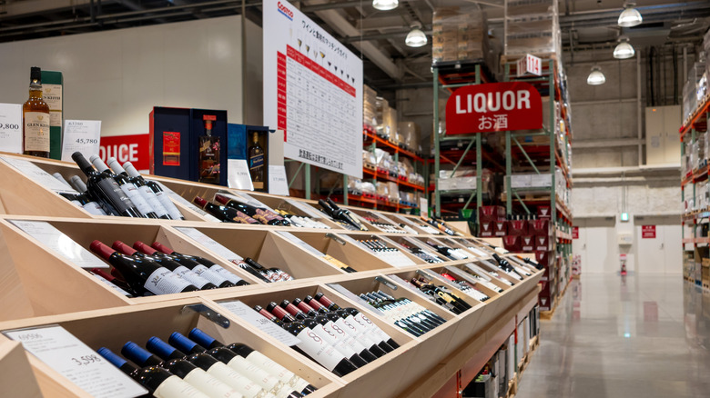 Bottles of wine are shown in Costco's liquor aisle