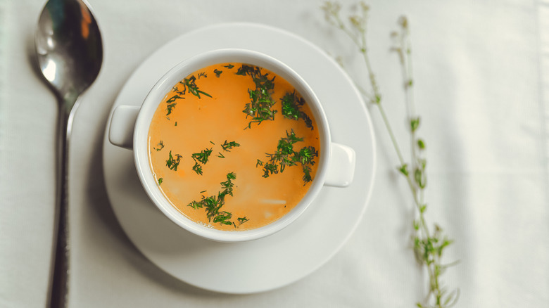 A white bowl of chicken stock with herbs and a spoon