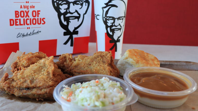 Gravy, coleslaw, and chicken at KFC