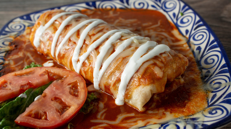 Big burrito in red sauce and cream