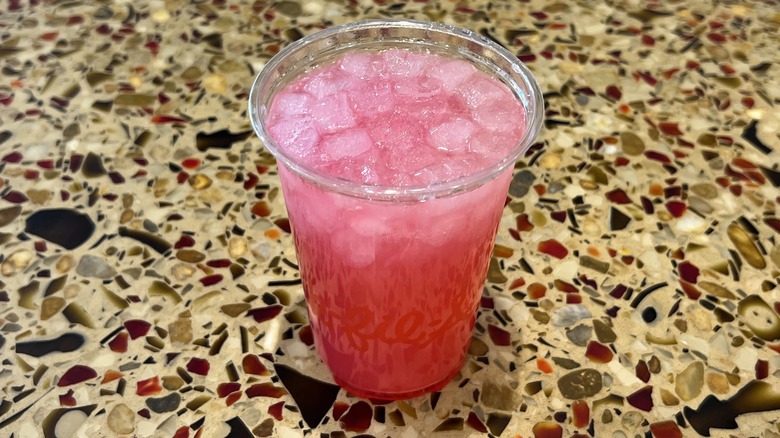 Pineapple Dragonfruit Lemonade sits on a counter.