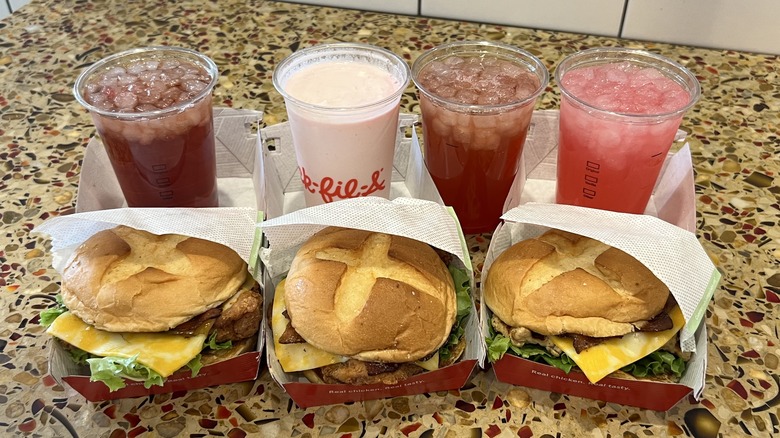 Chick-fil-A's spring lineup shows three sandwiches and four drinks.