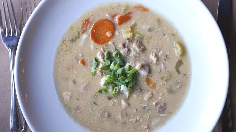 chicken and flat dumplings in a bowl