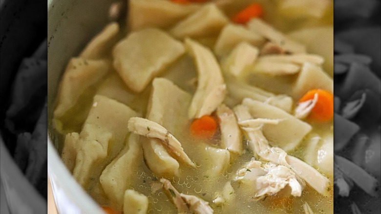 chicken and flat dumplings in a pot