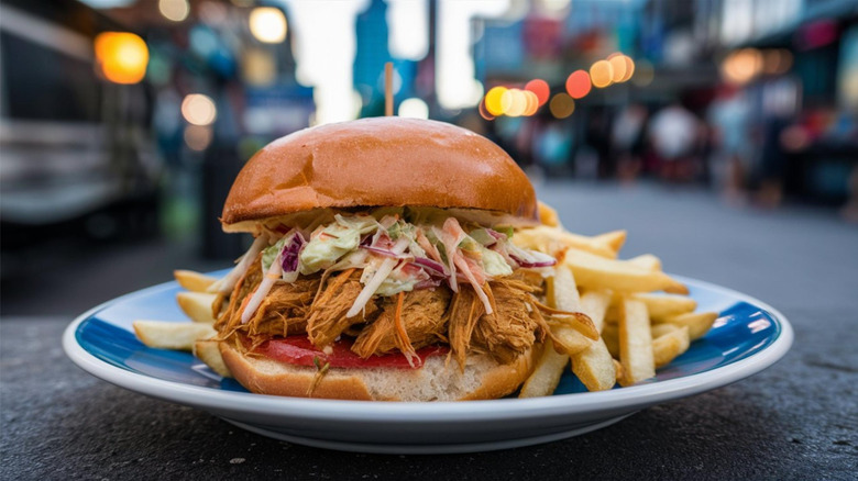 BBQ chicken sandwich with coleslaw on plate with fries