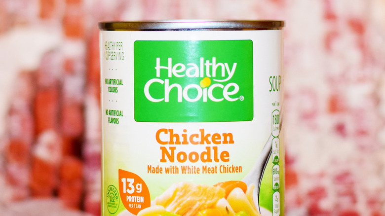 Close-up of can of Healthy Choice chicken noodle soup