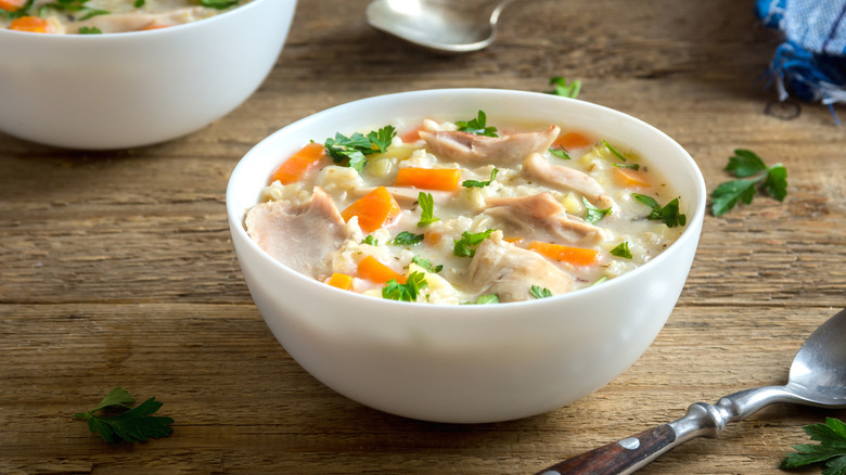 Bowl of chicken and rice soup