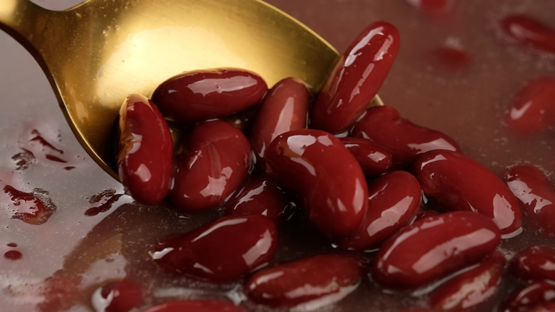 Red kidney beans on a copper spoon