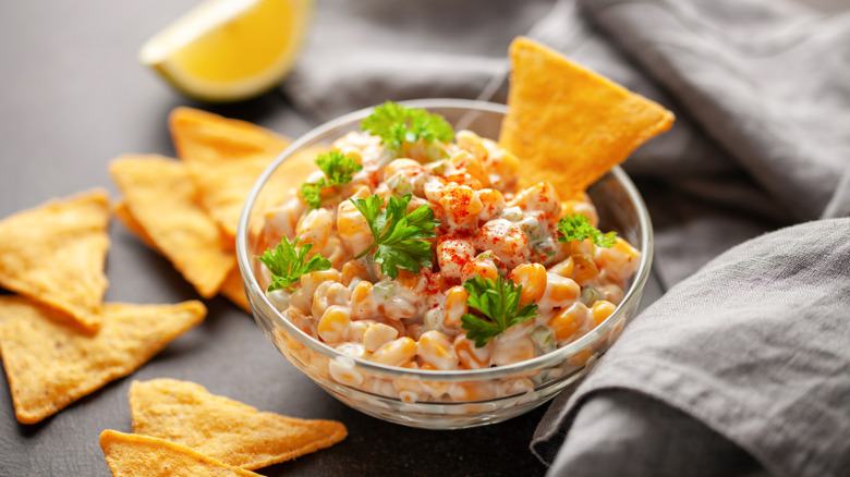 Elote dip with corn chips