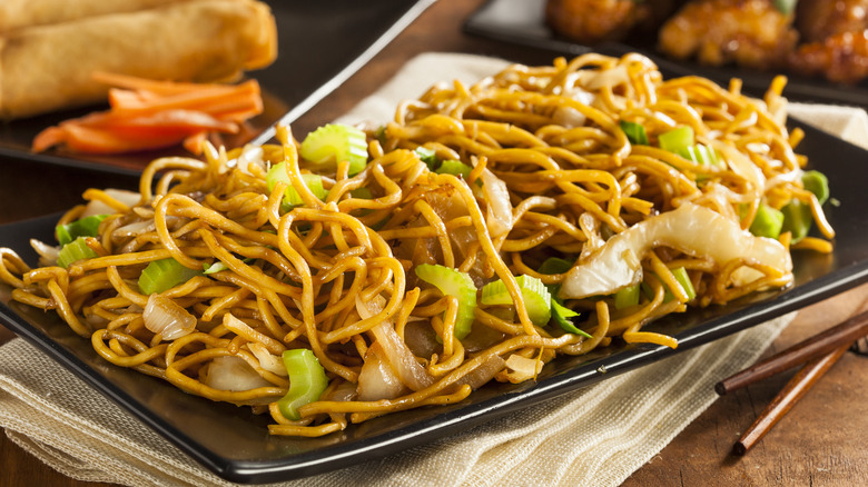 Chow mein on black plate