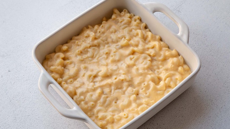 Mac and cheese in square baking dish