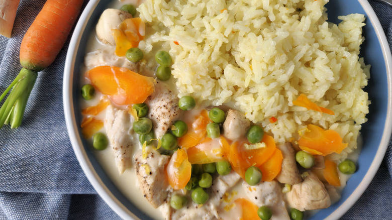 Plate of chicken fricassee with rice