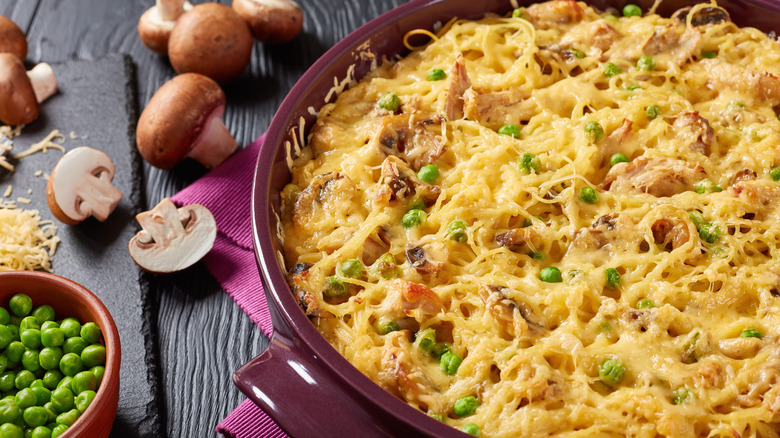 Casserole dish of chicken tetrazzini