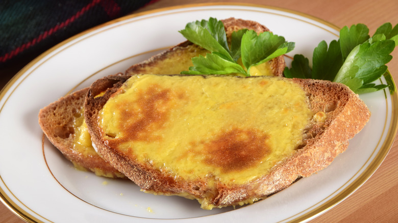 Rarebit on plate with garnish