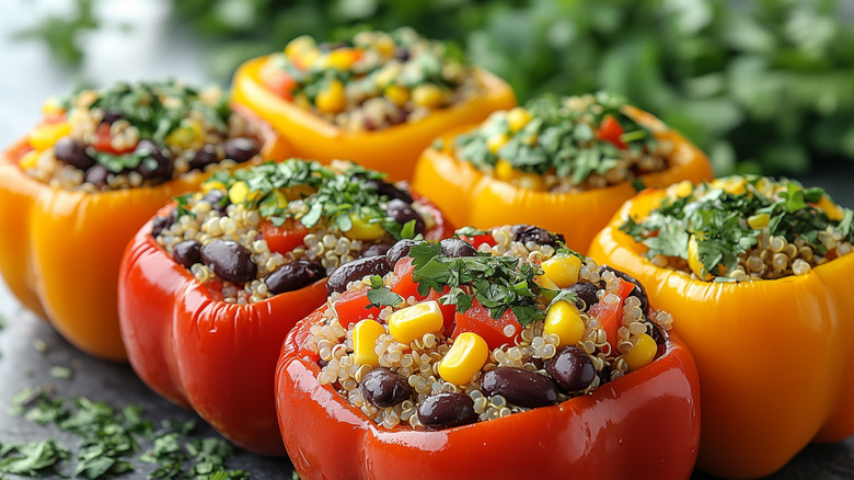 Peppers stuffed with quinoa, corn, and beans