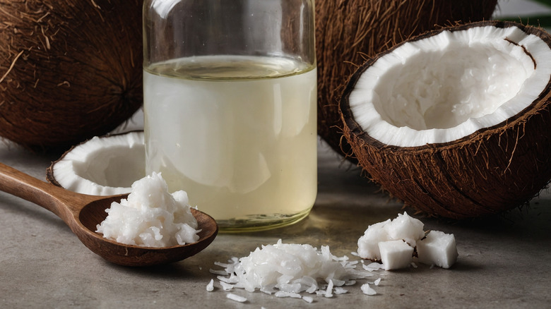 coconut halves beside spoon of coconut shreds and chunks and a glass of coconut water