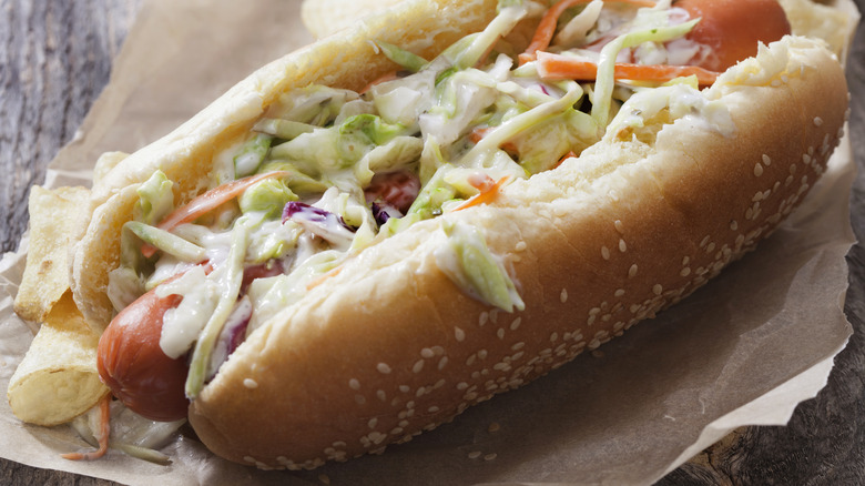 close-up of coleslaw hot dog