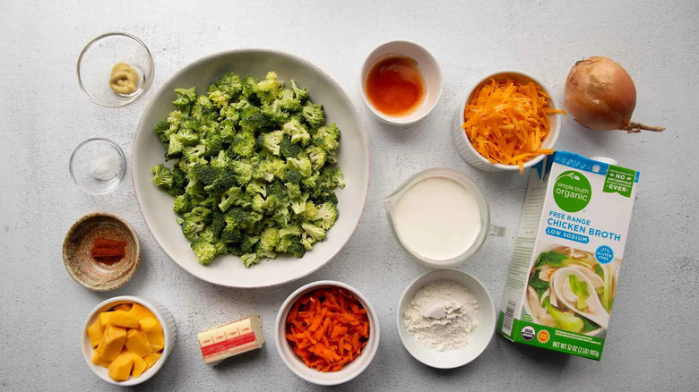 broccoli cheese chicken broth and assorted other ingredients