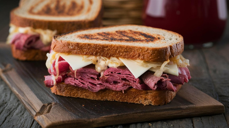 Corned beef sandwich with swiss and kraut on toasted bread