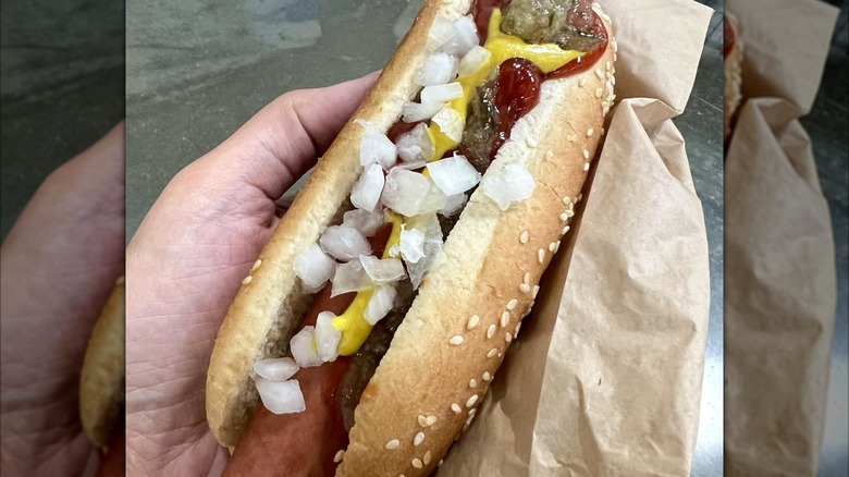 Hand holding topped Costco hot dog on a paper bag