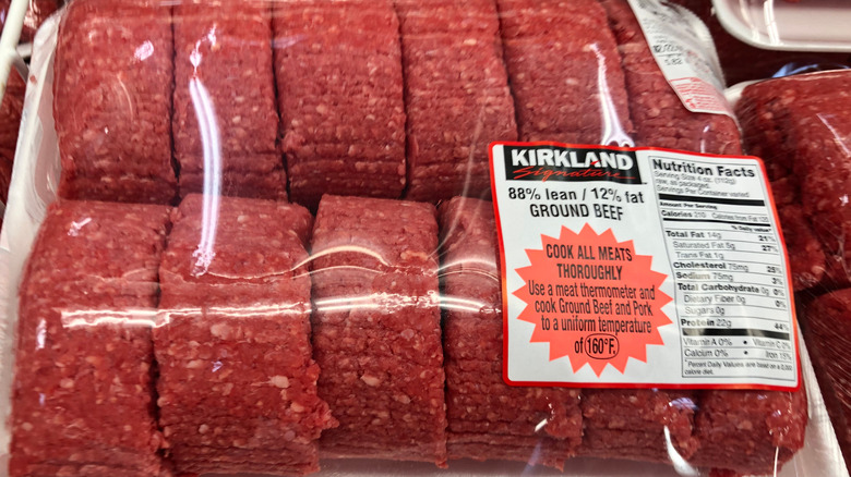 Kirkland ground beef under cellophane