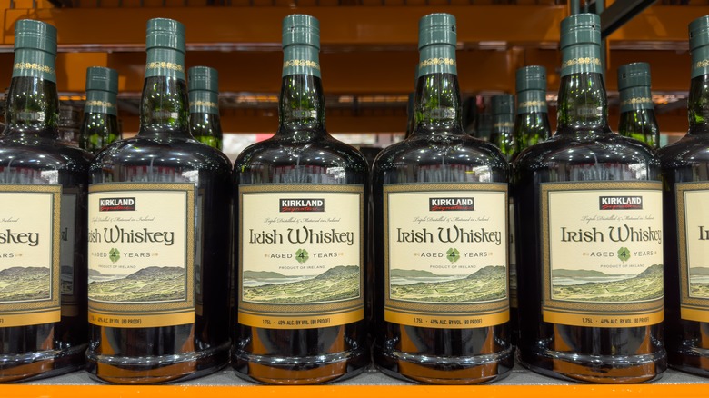 Bottles of Costco's Kirkland brand Irish Whiskey on store shelf