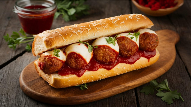 A meatball sub on a wooden platter