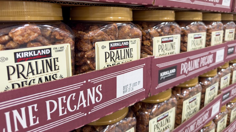 Costco Praline Pecans stacked on a pallet