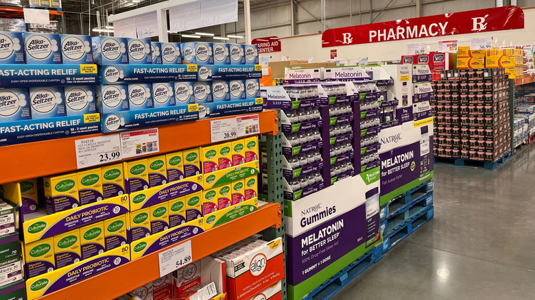 Medications stacked on shelves in Costco