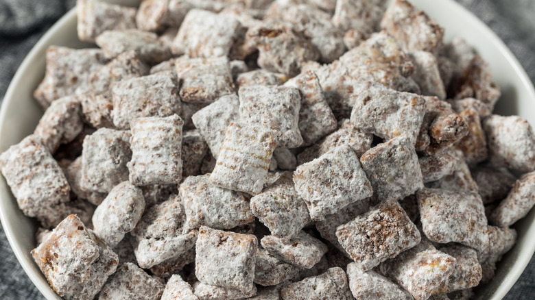 snowman poop Chex mix snack in a bowl