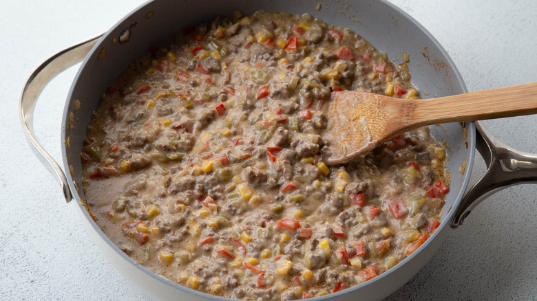 creamy ground beef mixture in skillet