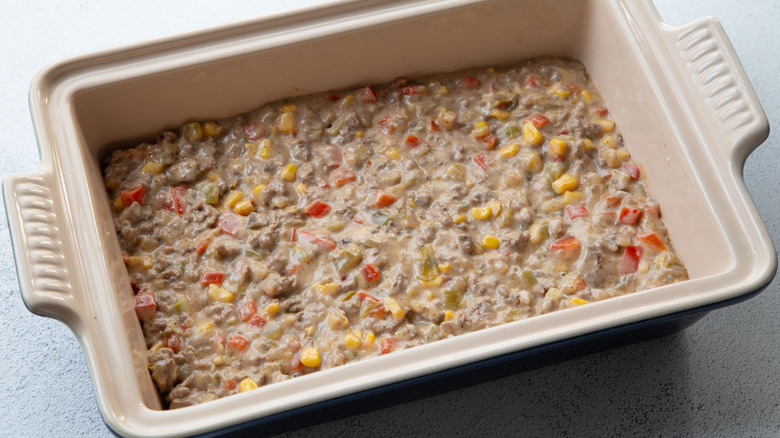 creamy ground beef mixture in casserole dish