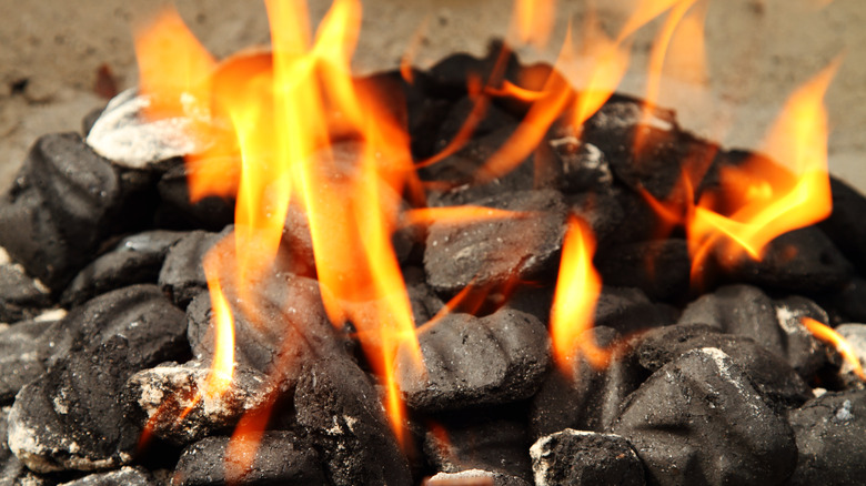 close-up of charcoal briquettes on fire