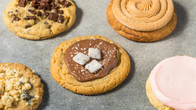 Overhead image of Crumbl cookies on countertop