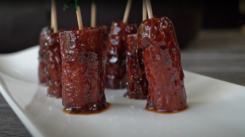 hot dog burnt ends on toothpicks