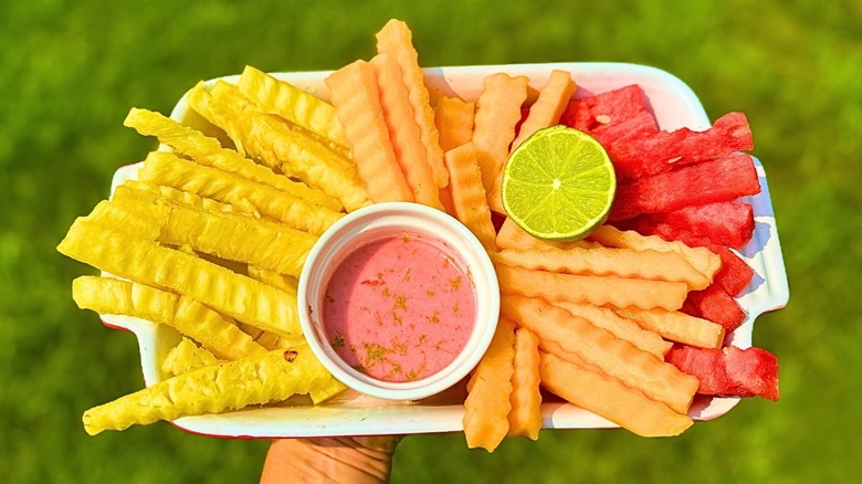 fruit fries with strawberry dip and lime