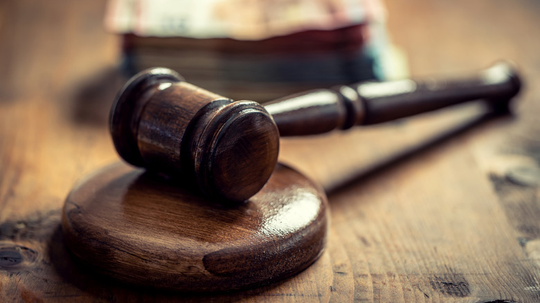 A judge's gavel with euro banknotes blurred in the background.